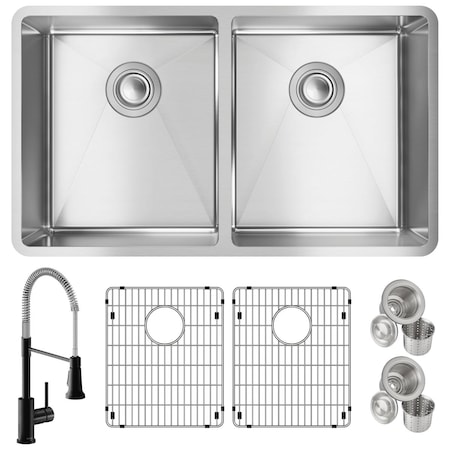Elkay 18 Gauge SS 31-1/2" x 18-1/2" x 9" Equal Double Bwl Undermount Sink and Faucet Kit w/ Btm Grid and Drain ECTRU31179TFMBC